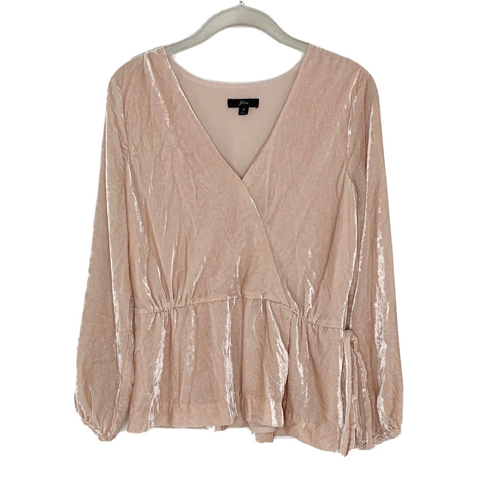 J Crew Women Blush Pink Velvet V-Neck Long Sleeve Top With Tie Size 6